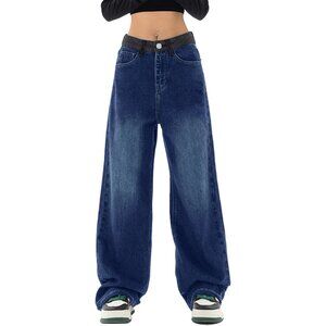 Women Baggy Jeans Patchwork Wide Leg Mid-Low Waist Breathable Denim Pants